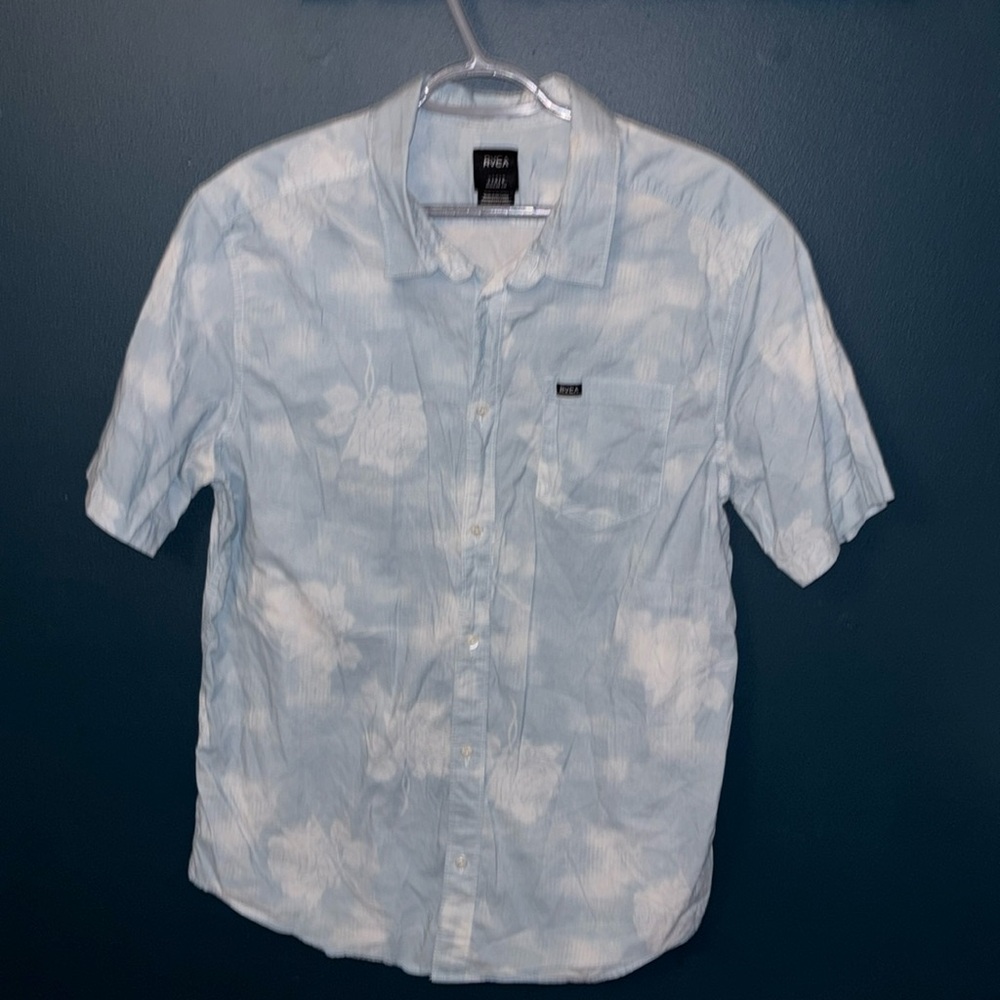 RVCA Men’s Light Blue Floral Short Sleeve Button Down Shirt Size Large